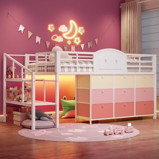 Twin Size Low Loft Bed with 9 Storage Drawers and LED Lights, Metal Loft Bed with Under-Bed Hideaway, White