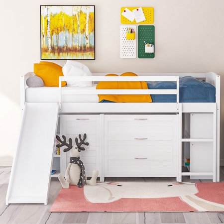 Twin Size Low Loft Bed with Cabinets, Shelves and Slide White