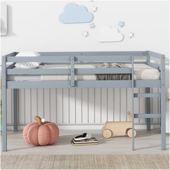 Twin Size Low Loft Bed with Ladder, Grey Rubber Wood Bunk Bed Frame with Reinforced Slats, Space Saving Bedroom Furniture