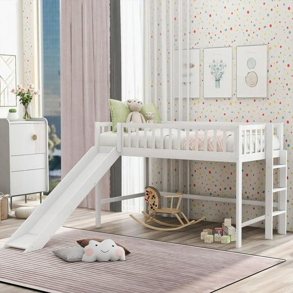 Twin Size Low Loft Bed with Ladder and Removable Slide in White (OLD SKU:WF196418AAK)