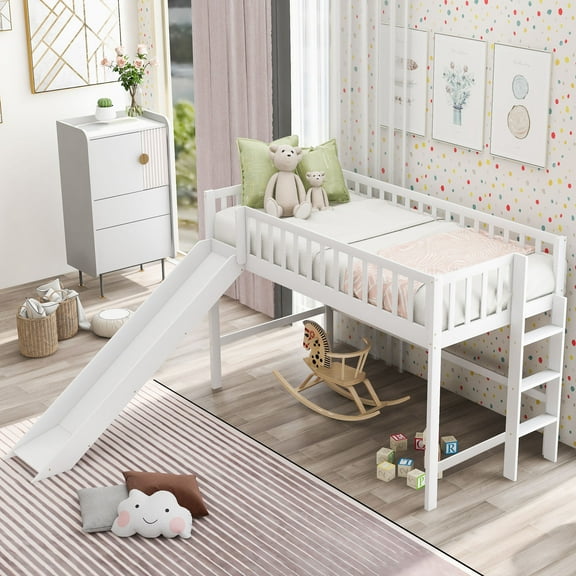 Twin Size Low Loft Bed with Ladder and Slide,White