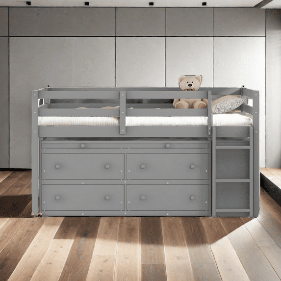 Twin Size Low Loft Bed with Retractable Writing Desk and 4 Drawers,Wooden Loft Bed with Lateral Portable Desk and Shelves