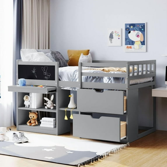 Twin Size Low Loft Bed with Rolling Desk, Shelf and Drawers - Gray