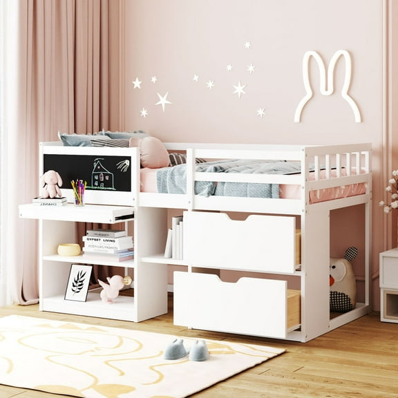[Luckynote]Twin Size Low Loft Bed with Rolling Desk, Shelf and Drawers - White