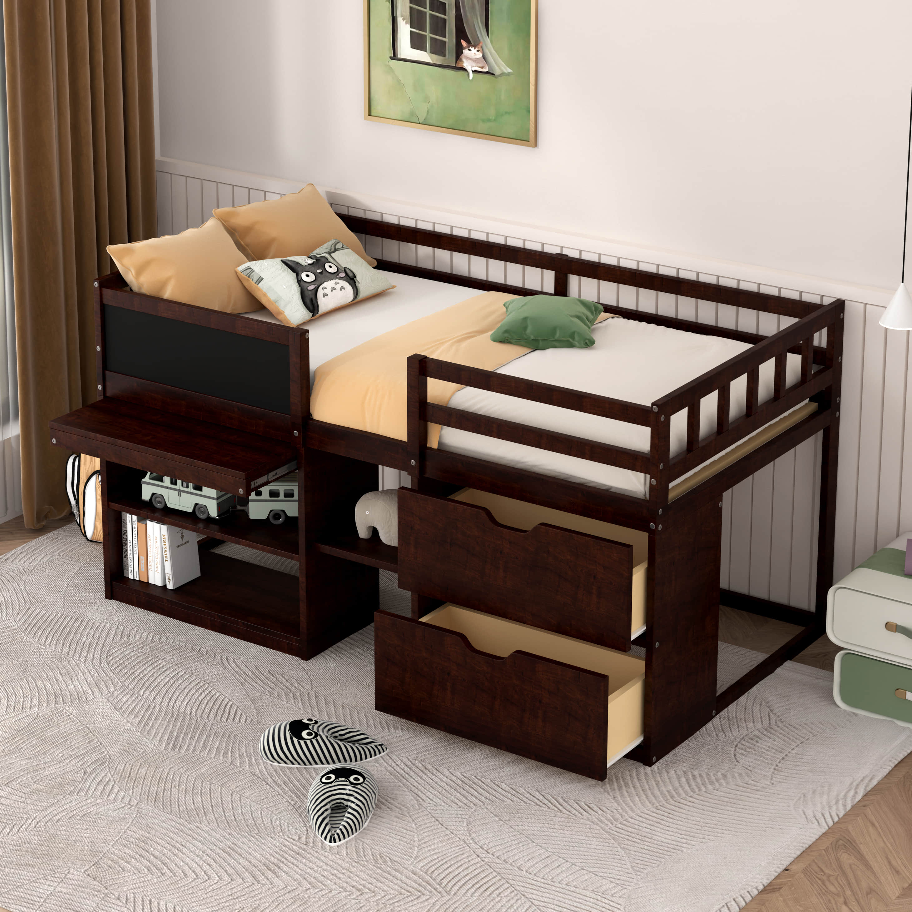 Twin Size Low Loft Bed with Rolling Desk, Shelf and Drawers - Walmart.com