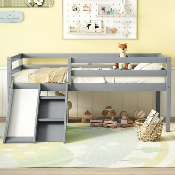 Twin Size Low Loft Bed with Slide, Ladder, Safety Guardrails, No Box Spring Needed,Grey