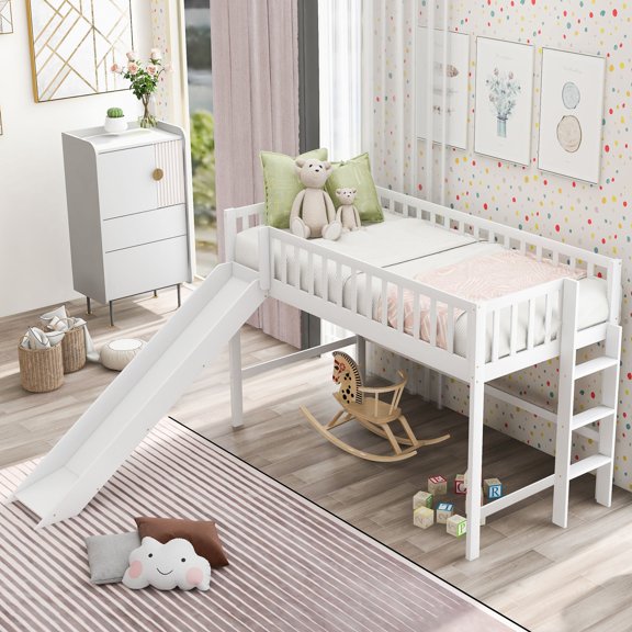 Twin Size Low Loft Bed with Slide and Ladder for Bedroom, White Pine Wood Space Saving Bed Frame