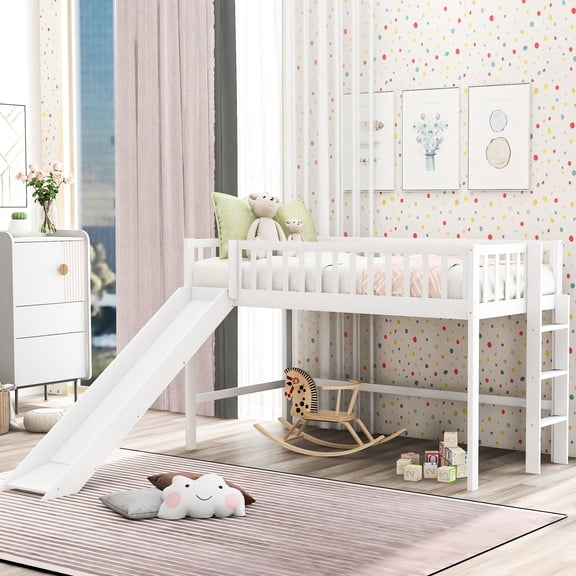 Twin Size Low Loft Bed with Slide for Bedroom Playful Moments / Pine & MDF Build for Long-Lasting Performance