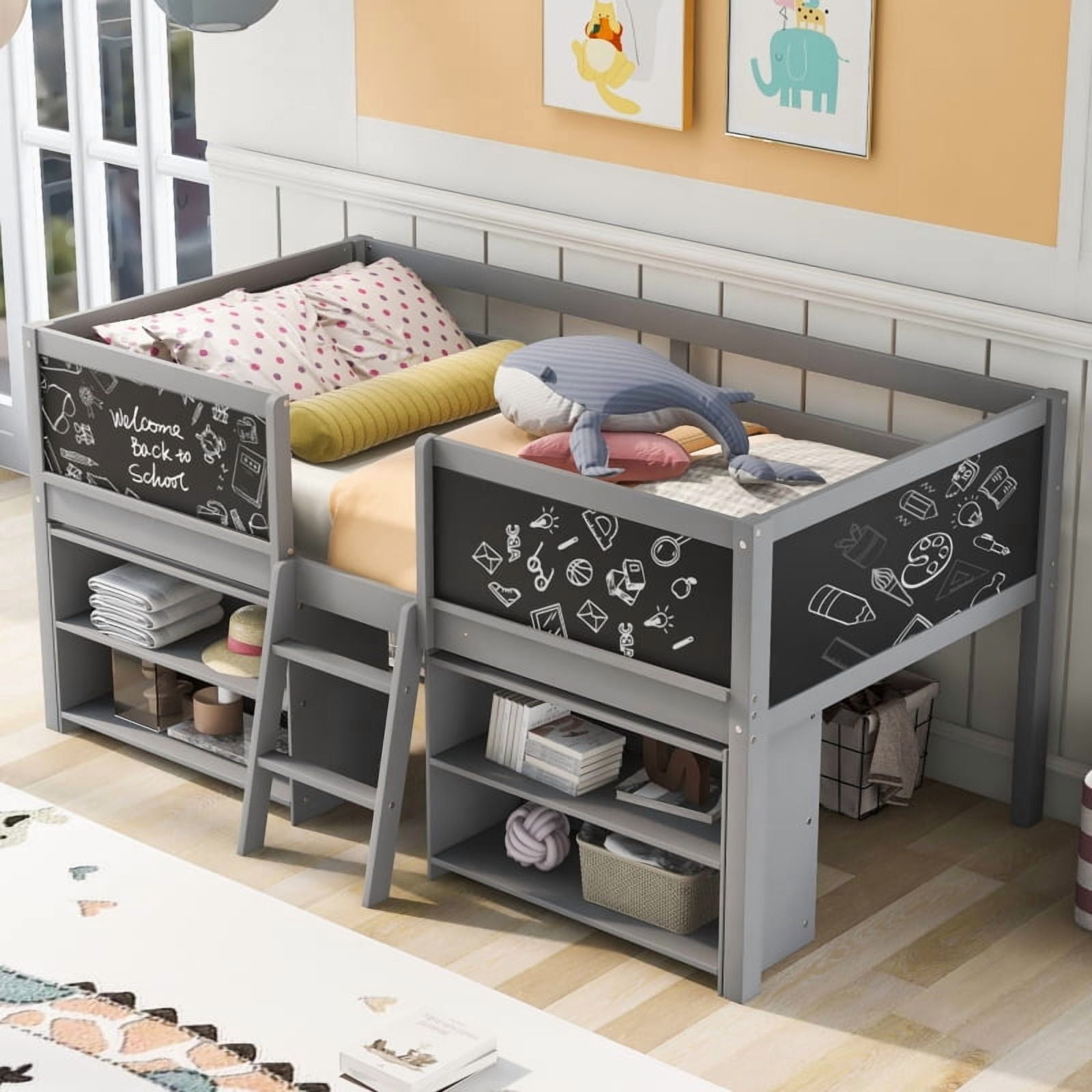 Twin Size Low Loft Bed with Two Movable Shelves and Ladder,with ...