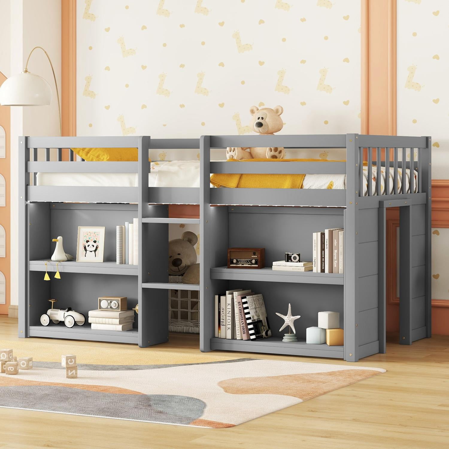 Twin Size Low Loft Bed with Two-Tier Shelves, Wooden House Loft Bed with Storage for Books & Toys, Space Saving for All Ages, Multi-Functional, Grey