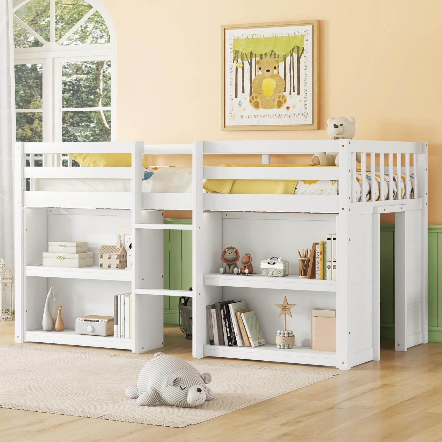 Twin Size Low Loft Bed with Two-Tier Shelves, Wooden House Loft Bed with Storage for Books & Toys, Space Saving for All Ages, Multi-Functional, White