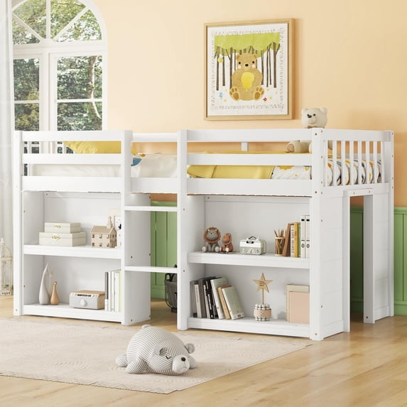 Twin Size Low Loft Bed with Two-Tier Shelves, Wooden House Loft Bed with Storage for Books & Toys, Space Saving for All Ages, Multi-Functional, White