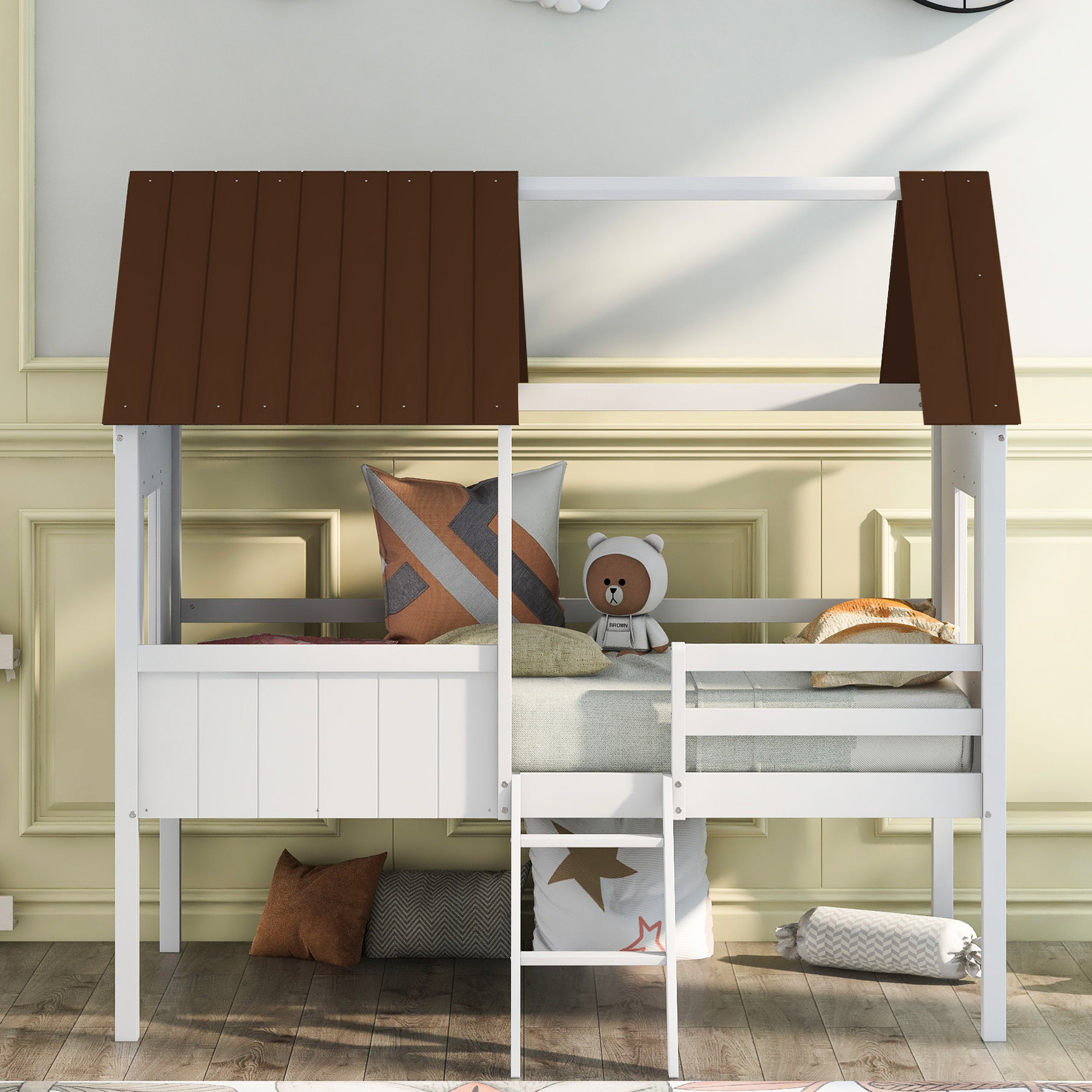Twin Size Low Loft Wood House Bed | With Two Side Windows & Roof for ...