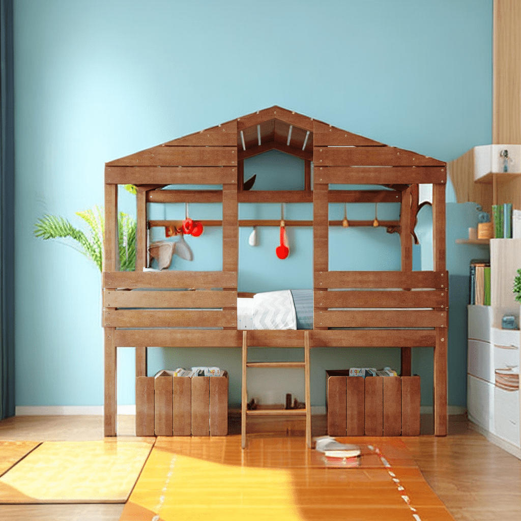 Twin Size Low Loft Wood House Bed with Two Drawers - Walmart.com