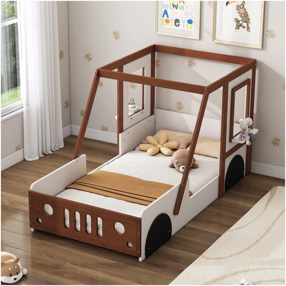 Twin Size Low Profile Car Bed with Storage, Themed Platform Bed Frame for Teen and Tween Rooms