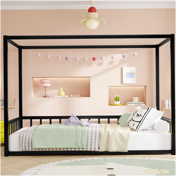 Twin Size Low Profile Floor Bed Frame with Safety Rails, Modern Black Iron Platform Bed Base with House Style for Bedroom