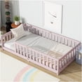 thumbnail image 1 of Twin Size Low-Profile Floor Bed Frame with Safety Rails, Pink Wood Platform Bed with Sturdy Slats, 1 of 10