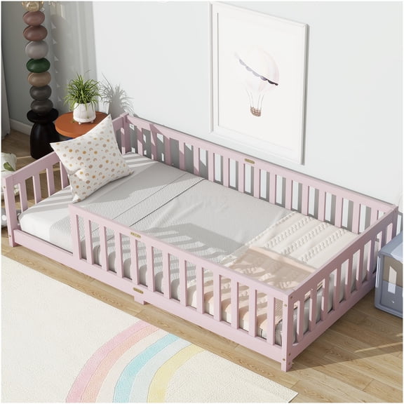 Twin Size Low-Profile Floor Bed Frame with Safety Rails, Pink Wood Platform Bed with Sturdy Slats