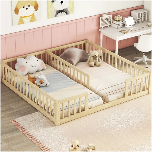Twin Size Low Profile Floor Bed Frame with Safety Rails, Solid Pine Wood Platform Bed for Small Rooms