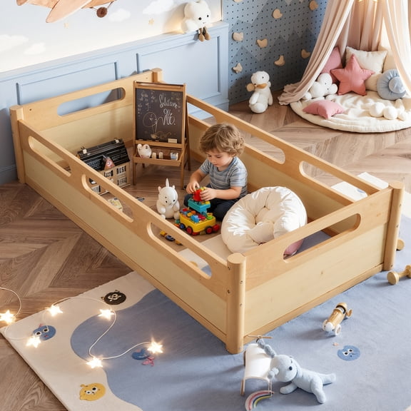 Twin Size Low Profile Floor Platform Bed with Full-length Guardrails, Wood Slat Support, No Box Spring Needed, Natural