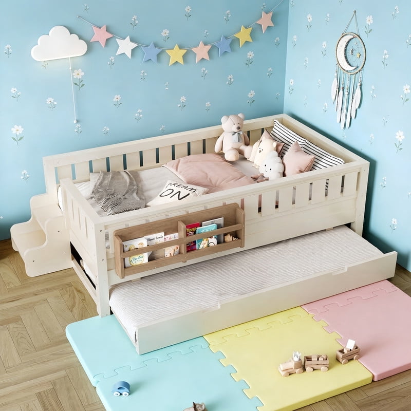 Twin Size Low-Profile Kid's Platform Bed with Built-in Bookshelves & Small Staircase, Wooden Bed Frame with Safety Rails & Trundle