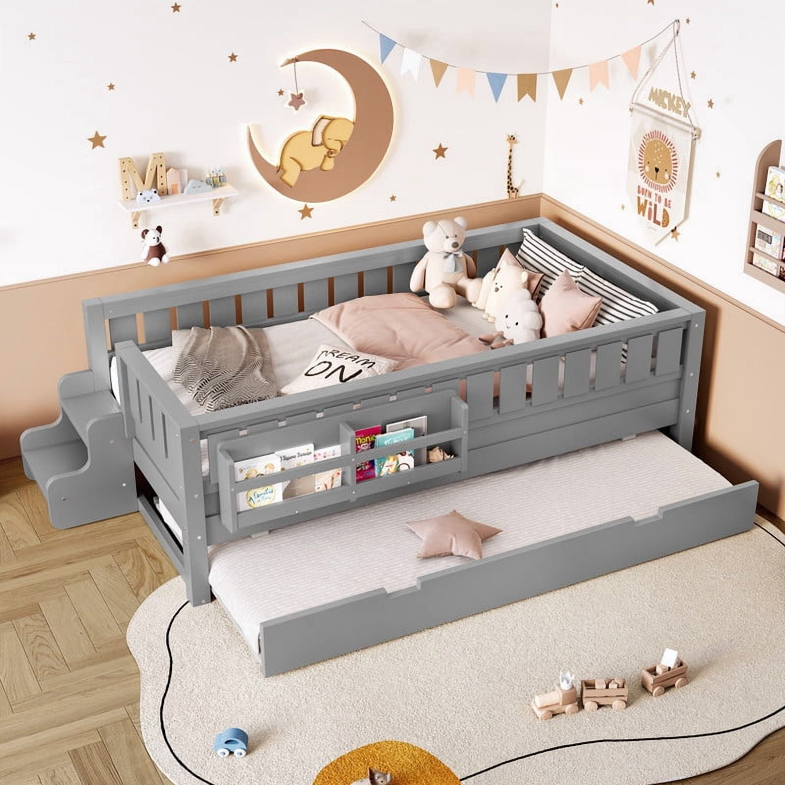 Twin Size Low-Profile Kid's Platform Bed with Built-in Bookshelves & Small Staircase, Wooden Bed Frame with Safety Rails & Trundle