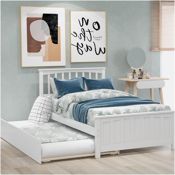 Twin Size Low Profile Platform Bed Frame with Pull-Out Trundle, No Box Spring Needed, Solid Wood Slat Support
