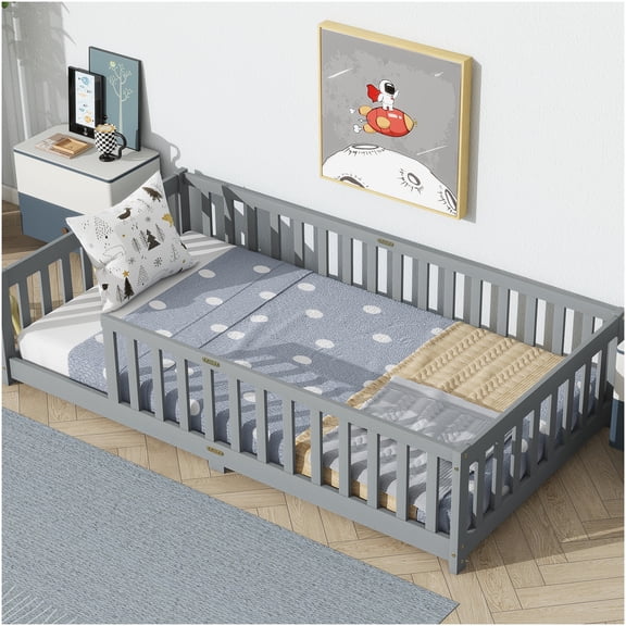 Twin Size Low Profile Platform Bed Frame with Safety Rails, Grey Wood Slat Foundation, No Box Spring Needed