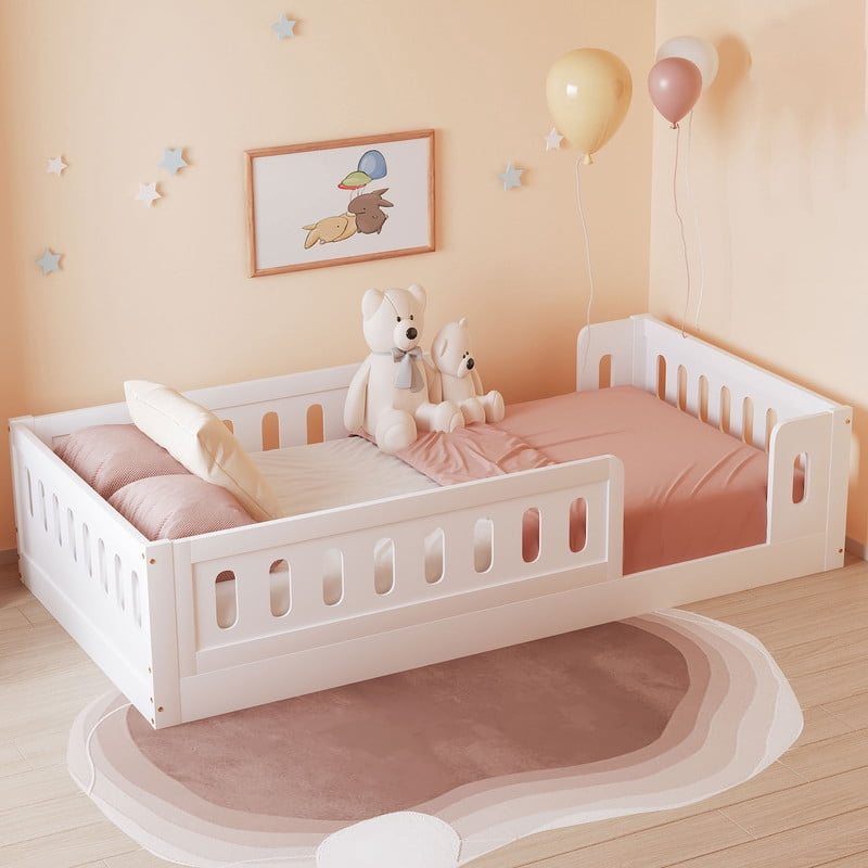 Twin Size Low Profile Platform Bed with Guardrails, Wooden Montessori Kids Floor Bed without Support Slat