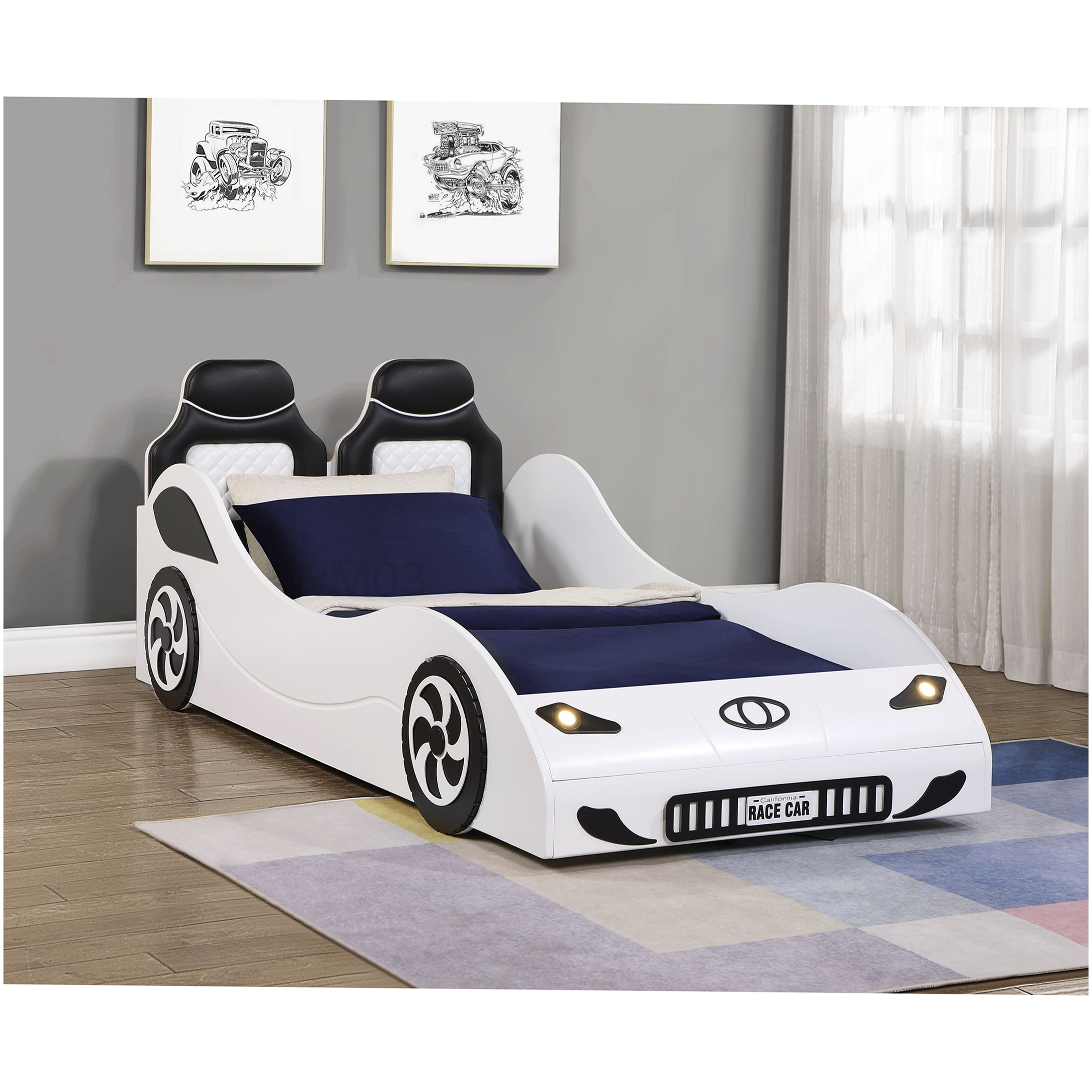 Twin Size Low Profile Platform Car Bed with LED Lights and PU Leather Upholstery, White