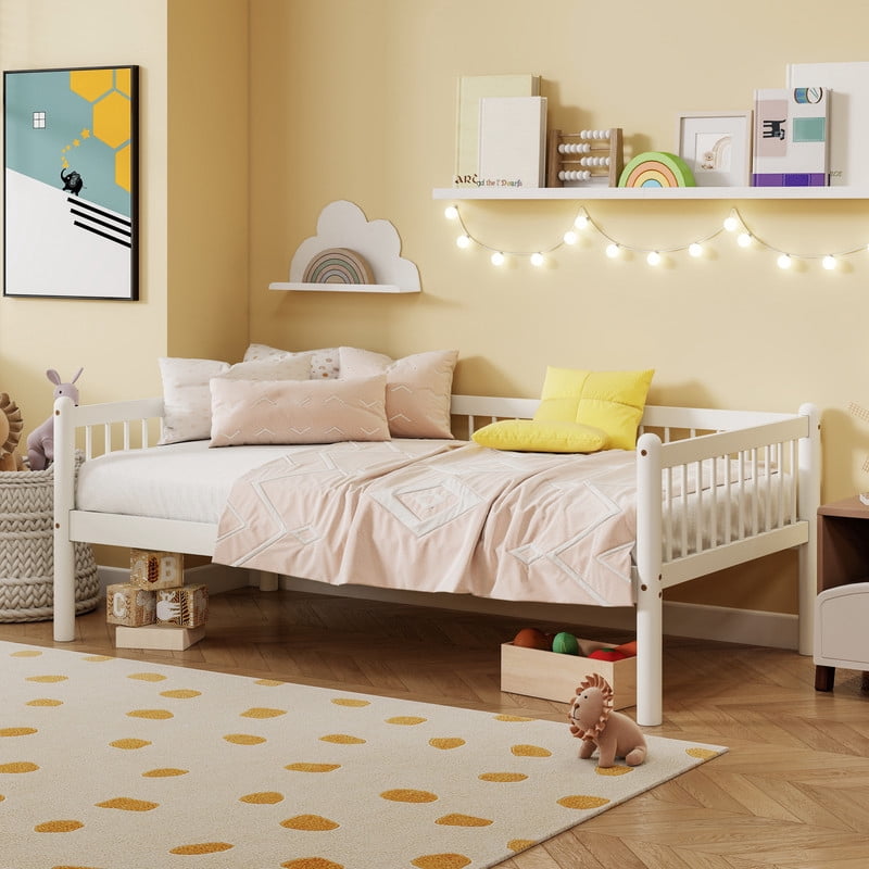 Twin Size Low Profile Platform Sofa Bed with 3-Side Guardrails, Wooden Daybed Frame with 11.8'' Under-Bed Storage