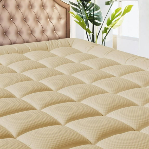 Twin Size Mattress Pad - Cooling Breathable Mattress Topper, Quilted Fitted Mattress Protector, Pillow Top Mattress Cover with 8-21" Deep Pocket, Soft, Machine Washable, Beige, 39x75 Inches