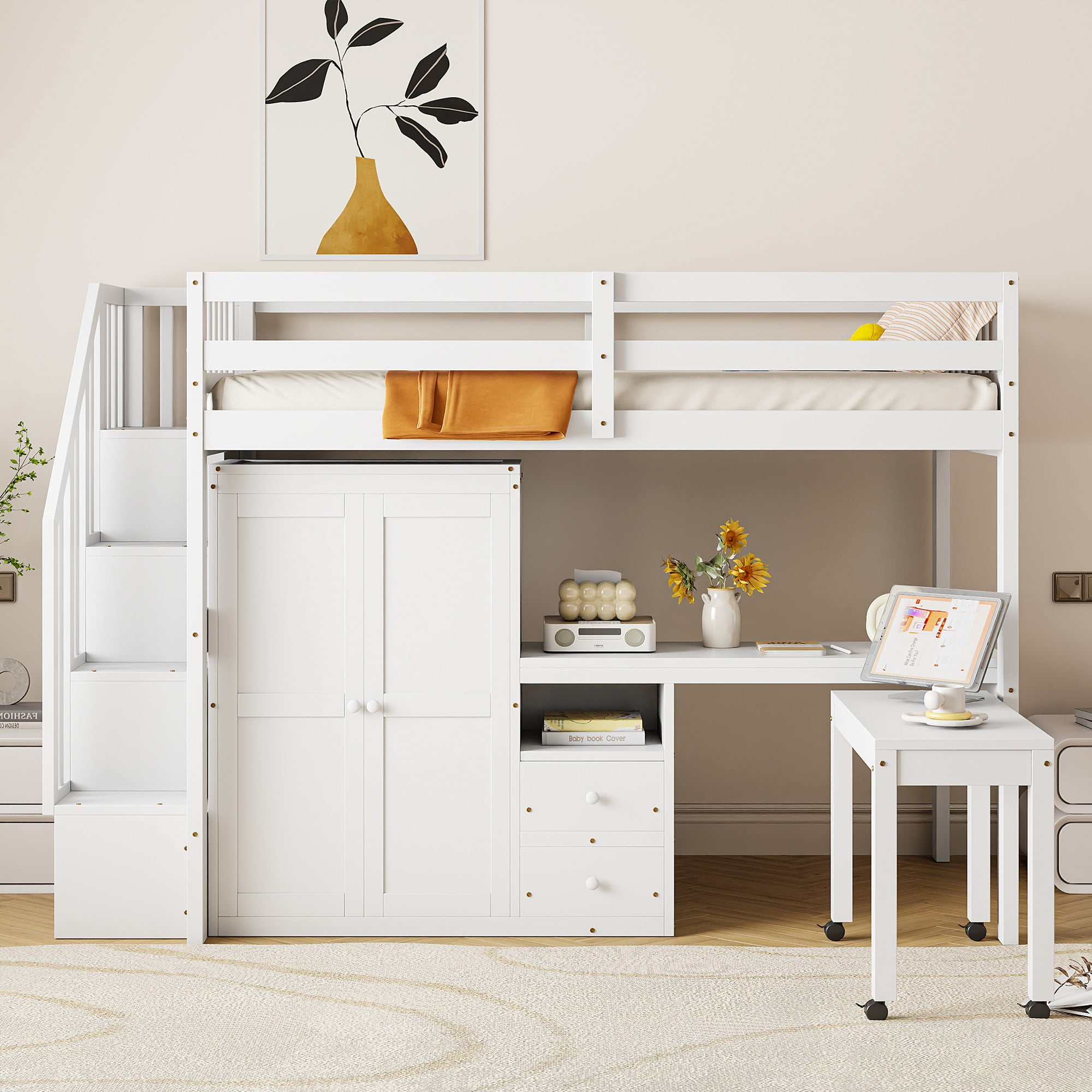 Space Saving Multifunctional Furniture Reference: Twin Size Maximized Space Loft Bed With Stairs Bookshelf Drawers
