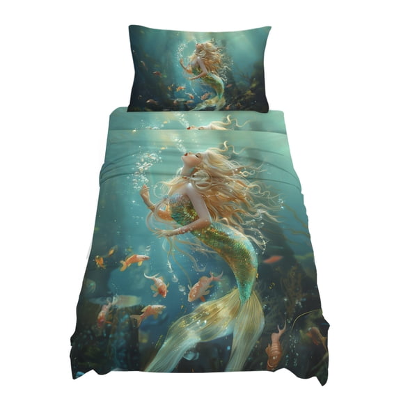 Twin Size Mermaid Sheet Sets Ocean Fish Soft Breathable Microfiber Bed Sheets Deep Pockets 4 Piece Bed Sheets Set, 1 Fitted Sheet, 1 Flat Sheet & 1 Pillowcases
