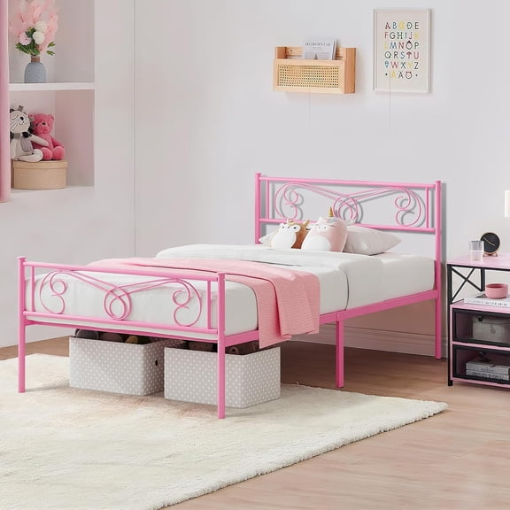 Twin Size Metal Bed Frame, Girls Bed, Twin Bed Frames with Headboard and Footboard, Steel Slats Support, No Box Spring Needed, Pink