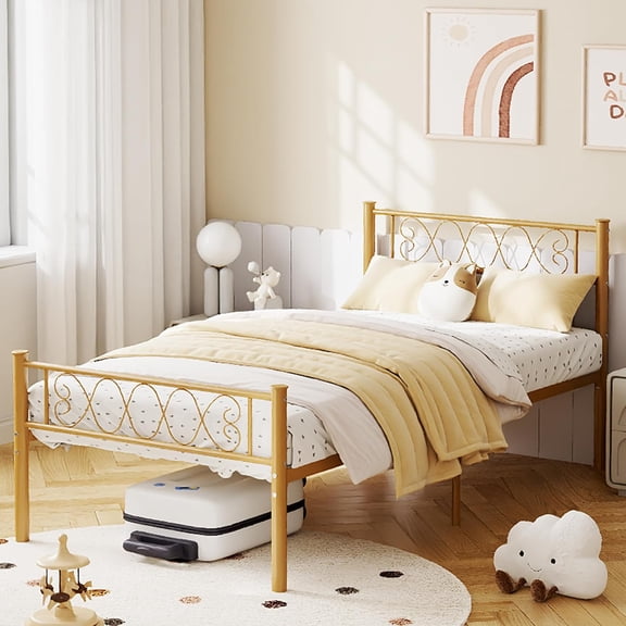Twin Size Metal Bed Frame with Headboard & Footboard 13.7 Inch Metal Platform Mattress Foundation Support with Strong Metal Slats, Under Bed Storage, No Box Spring Needed