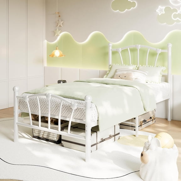 Twin Size Metal Bed Frame, Twin Bed Frames for Girls, Twin Platform Bed with Heart-Shaped Design Headboard&Footboard, Heavy-Duty, No Box Spring Needed/Noise-Free/Easy Assembly, White