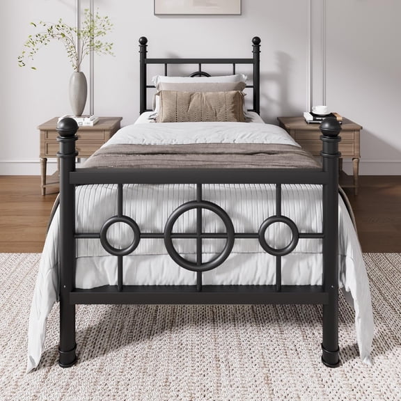 Twin Size Metal Bed Frame with Vintage Circular Headboard and Footboard, Heavy-Duty Iron Platform Bed, No Box Spring Needed, Noise-Free Design, Easy Assembly, Black