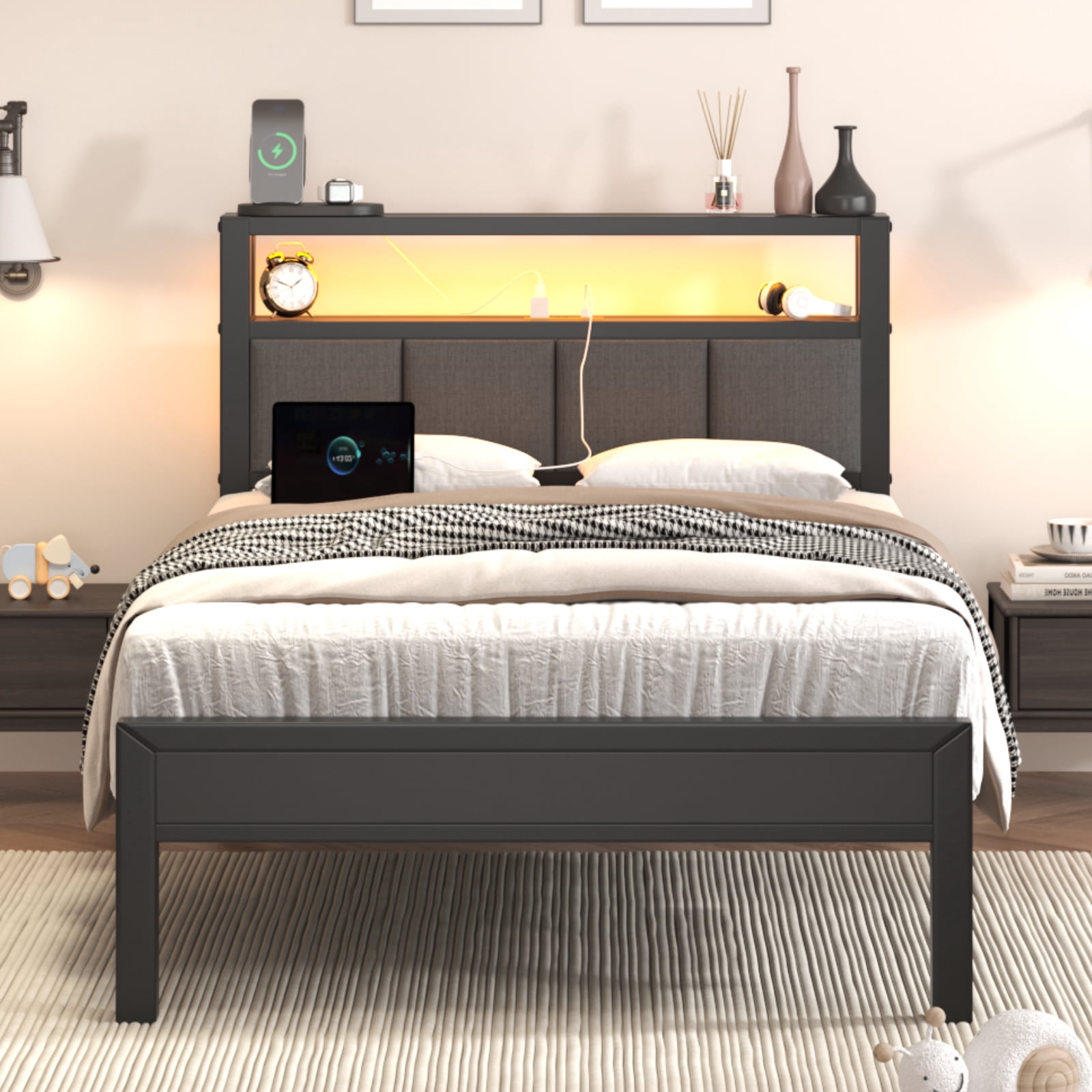 Twin Size Bed Frame with Storage Headboard, Metal Platform Bed with LED Lights & Charging Station, Heavy Duty Metal Slats, Gray