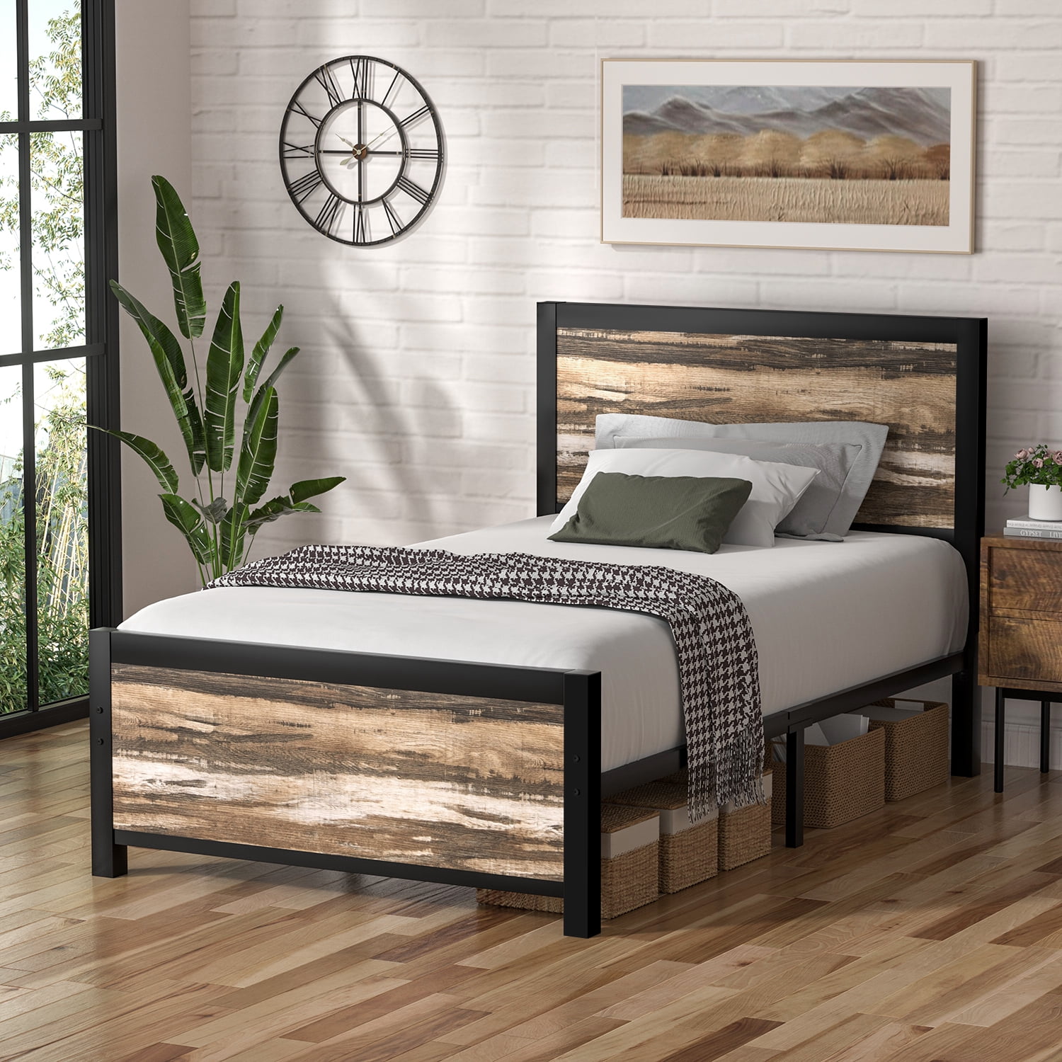 Twin Size Rustic Industrial Metal Bed Frame with Wood & Iron Headboard ...
