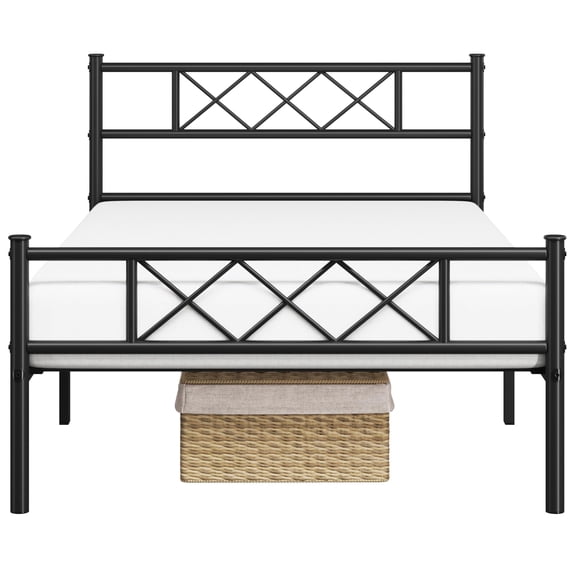 Twin Size Metal Bed Frame with Headboard, Sturdy Slatted Mattress Foundation Platform Base, Industrial Style for Bedroom Guest Room Dorm, Black