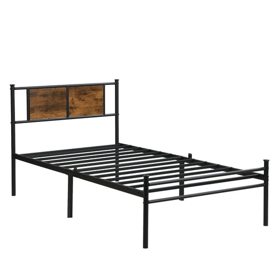 Twin Size Metal Bed Frame with Wooden Panel Headboard - Black + Brown, 300LBS Capacity, No Box Spring Needed