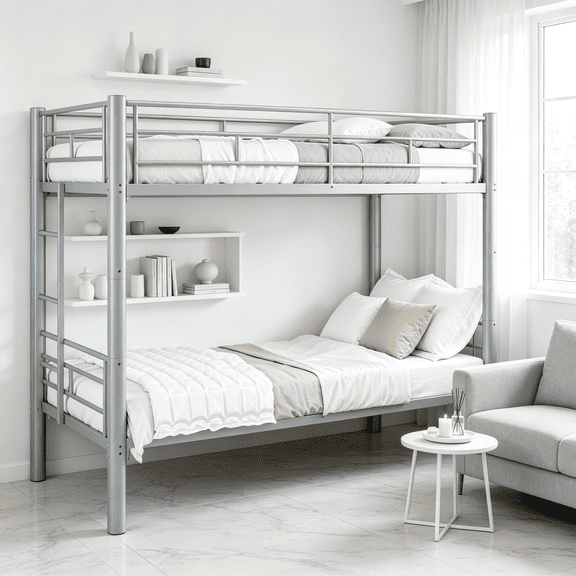 Twin Size Metal Bunk Bed Frame, Convertible Twin Over Twin Design with Durable Steel Slats, Full Guardrails for Safety and Stable Ladder Access, Space Saving Solution Supports 400 lbs, Silver