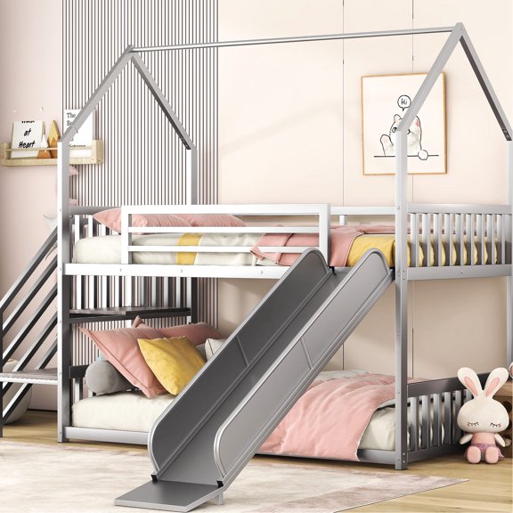 Twin Size Metal Bunk Bed with Slide and Storage Staircase / Ideal for Space - Saving Families