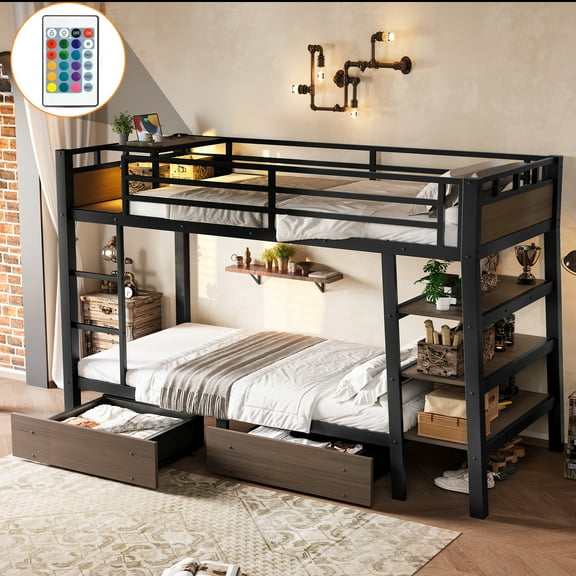 Twin Size Metal Bunk Bed with Storage Shelves, LED Lights and USB Charging, Black Space-Saving Loft Bed with Power Outlet for Bedroom, Dorm