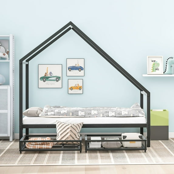 Twin Size Metal Canopy Bed Frame Platform Bed with Two Drawers Modern Metal Canopy Bed Slat Support Leg for Dorm, Bedroom, Guest Room