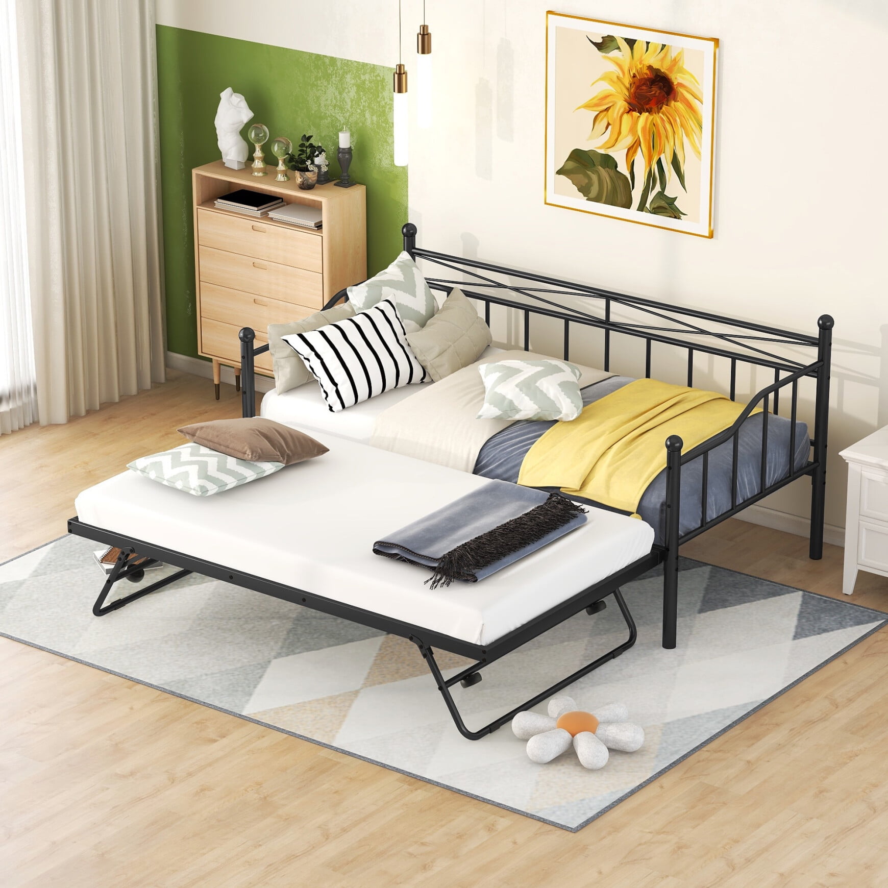 Twin Size Metal Daybed with Twin Size Adjustable Trundle/Portable