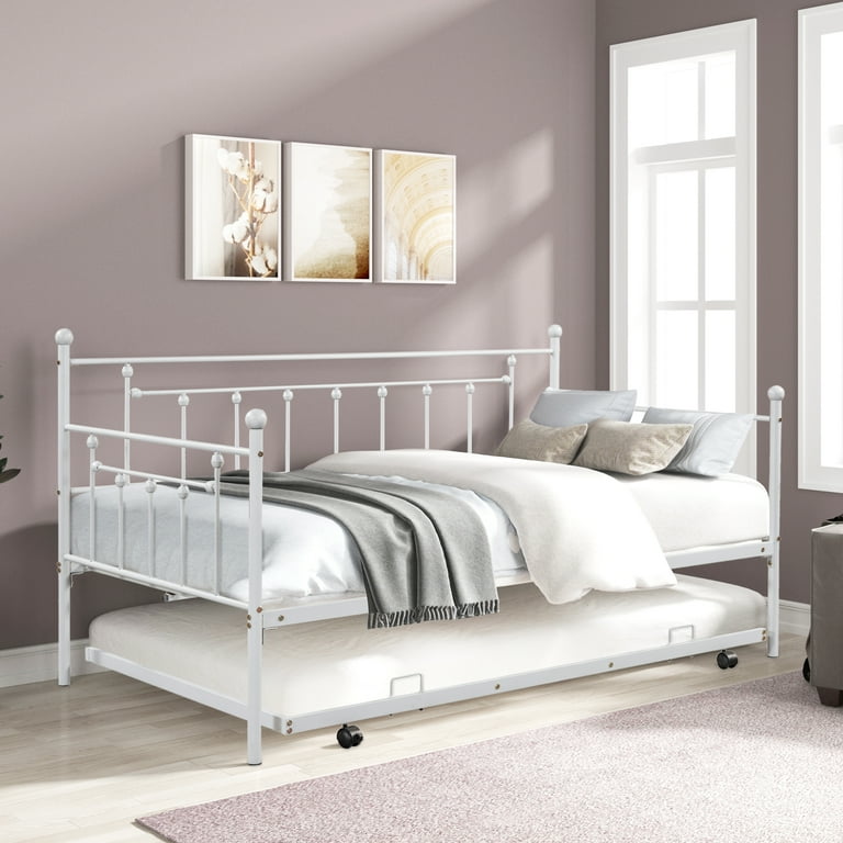 Twin Size Metal Daybed Frame with Trundle Heavy Duty Twin Sofa Bed w Sturdy Metal Slats Support Kids Twin Daybed and Roll Out Trundle Set for