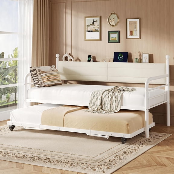 Twin Size Metal Daybed Frame, Twin Sofa Daybed Frame with Storage Headboard & Charging Station & Pull-Out Trundle for Living Room, Bedroom and Guest Room ,White
