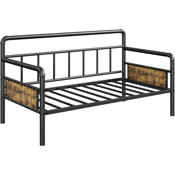 Twin Size Metal Daybed Frame with Wood Grain Headboard, Heavy Duty Platform Bed for Living Room, Bedroom, Guest Room, No Box Spring Needed, Vintage Industrial Style, Black